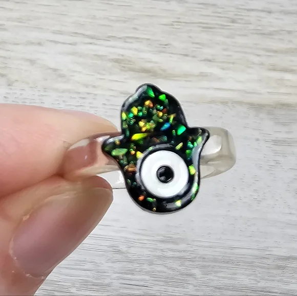 Hamsa Evil Eye Sparkle Ring Black Y2K - Picture 3 of 7